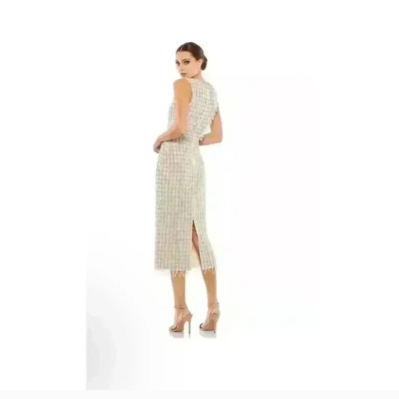 NWT Mac Duggal Dress Sz 4 Nude Sleeveless High Neck Beaded Midi Sheath Sequined - Picture 1 of 11